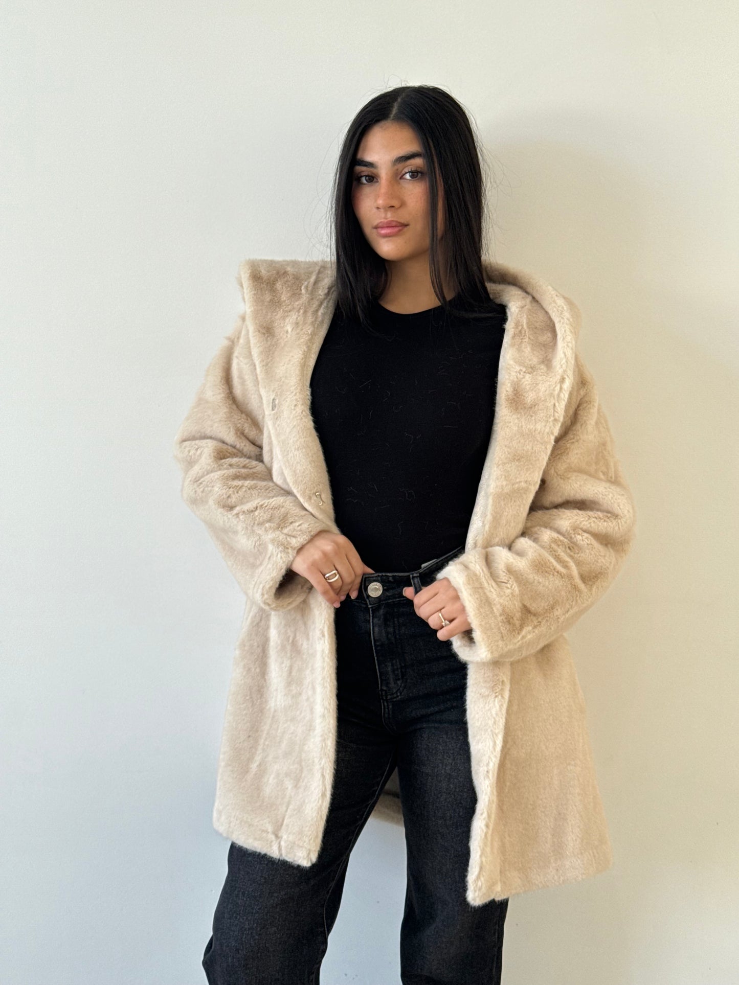 Manteau fourrure longue beige