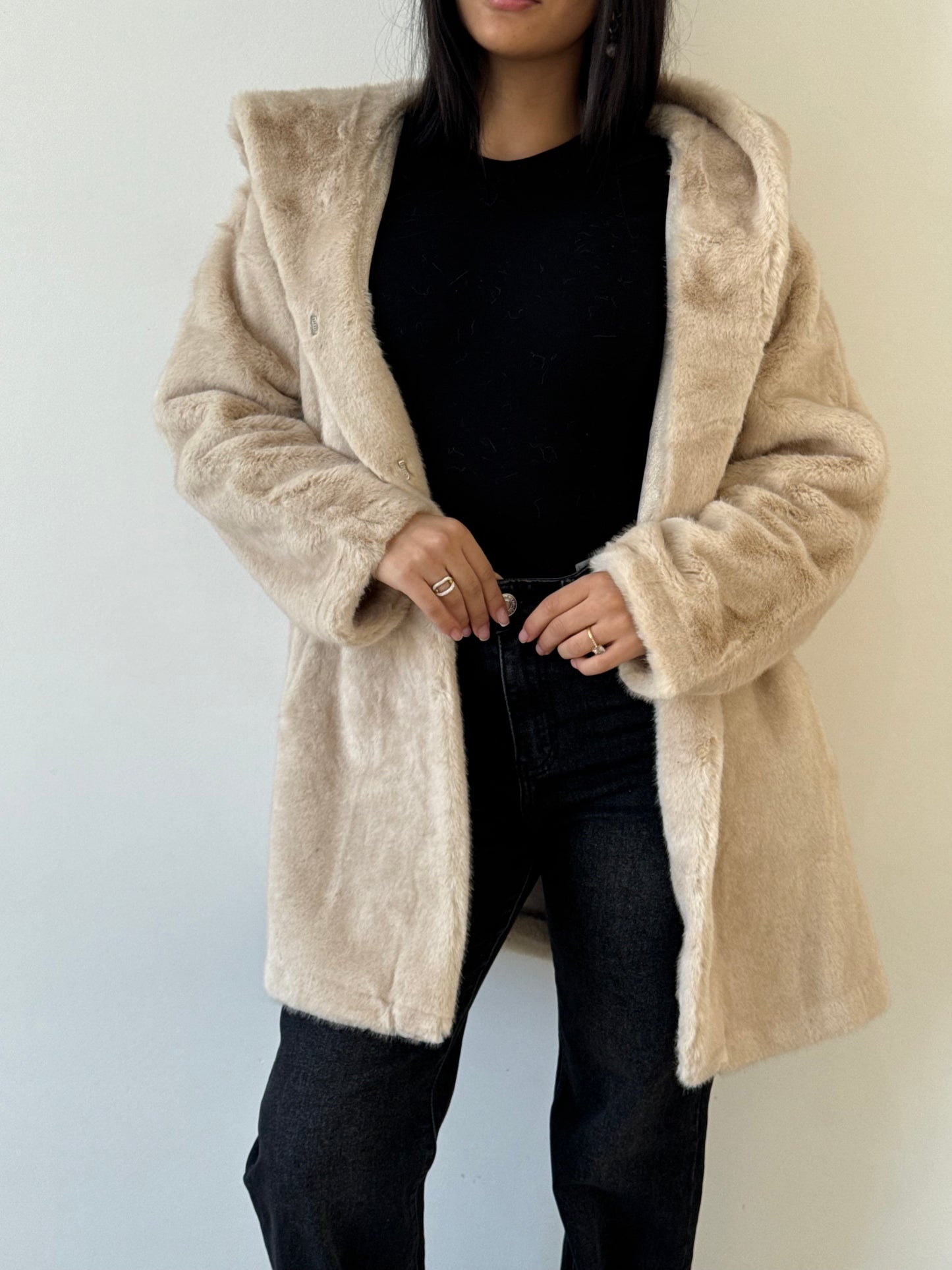 Manteau fourrure longue beige