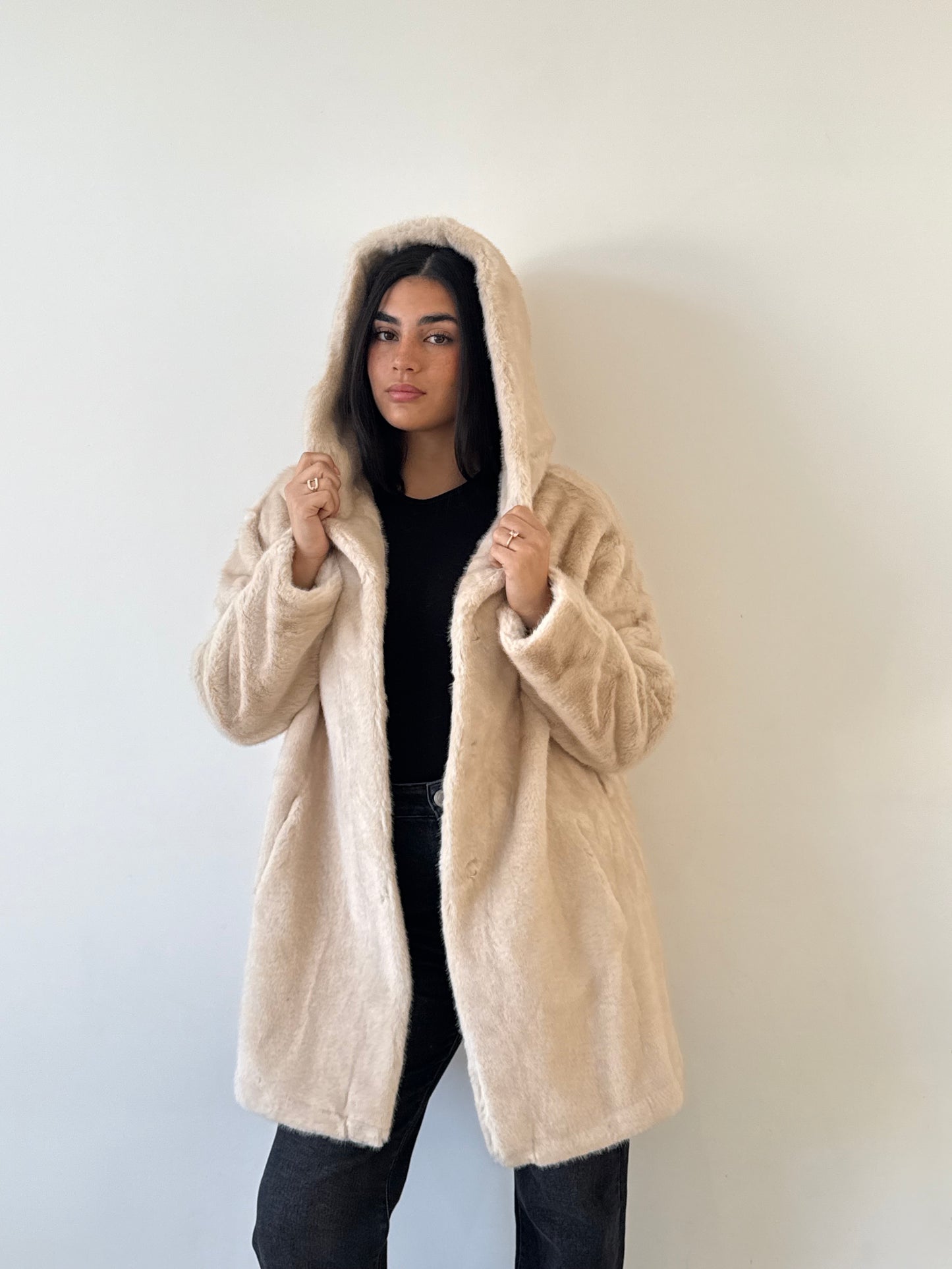 Manteau fourrure longue beige